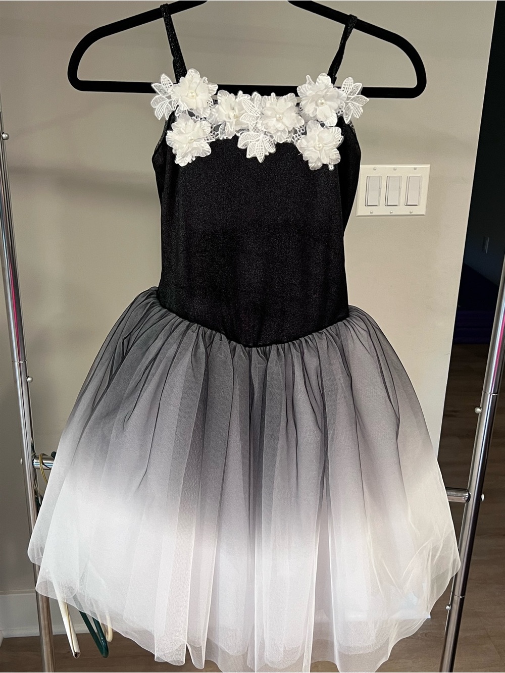 Girls Black and White Ombré Tulle Dance Costume with Floral Appliqué